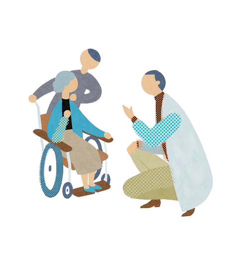 車椅子の患者さまに寄り添って問診する医師のイラスト